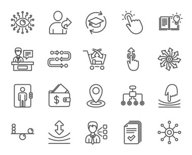 Yapay zeka, denge ve öner bir arkadaş simgeler satır. Sürekli eğitim, metodoloji ve katılımcı işaretler. Elastik, çalmak ve burada Simgeler'i tıklatın. M-cüzdan ile dolar. Vektör