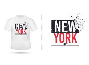 New york city sloganı T gömlek baskı tasarımı için. Grafik tasarım tee. New york kavramı. Tişört sloganı parçacıkların patlama ile yazdırın. Tekstil grunge grafik. NYC gömlek şablonu. Vektör