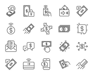 Ödeme satırı simgeler. Kabul et dizi transfer, telefon ve posta doğrusal simgeler olarak kredi kartı ile ödeme. Online ödeme, dolar döviz ve hızlı para sembolleri gönderin. Özel ödeme, nakit ve m-cüzdan. Vektör