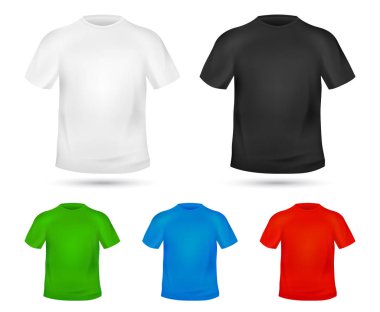 Boş T-shirt şablon. Tee kavramı. Renkler Mock-up t gömlek baskı tasarımını değiştirin. Tasarımınızı ile değiştirin. Tekstil tişört baskı. Beyaz, siyah ve mavi elbise. Vektör