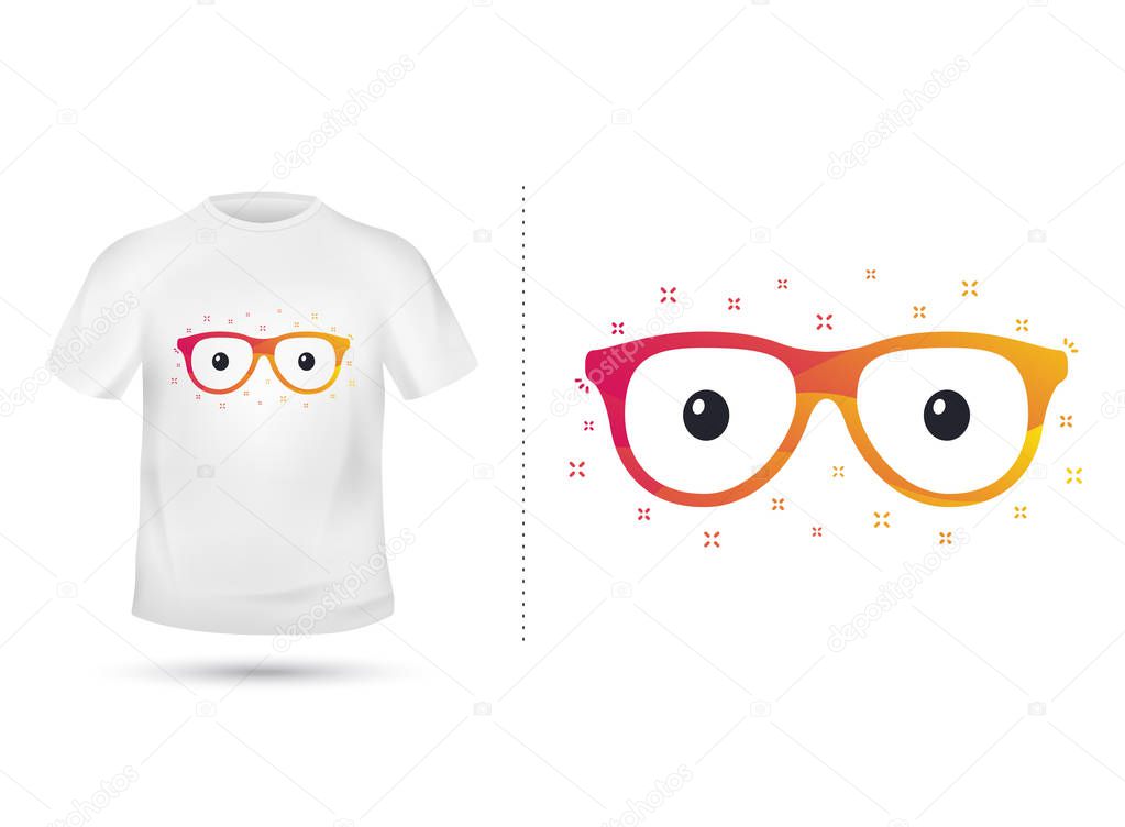 Glasses for T shirt printing design. Tee graphic design. Hipster spectacles concept. Tee-shirt print with eyes. Textile graphic. Colorful hipster eyeglasses sign. Various kinds. Vector