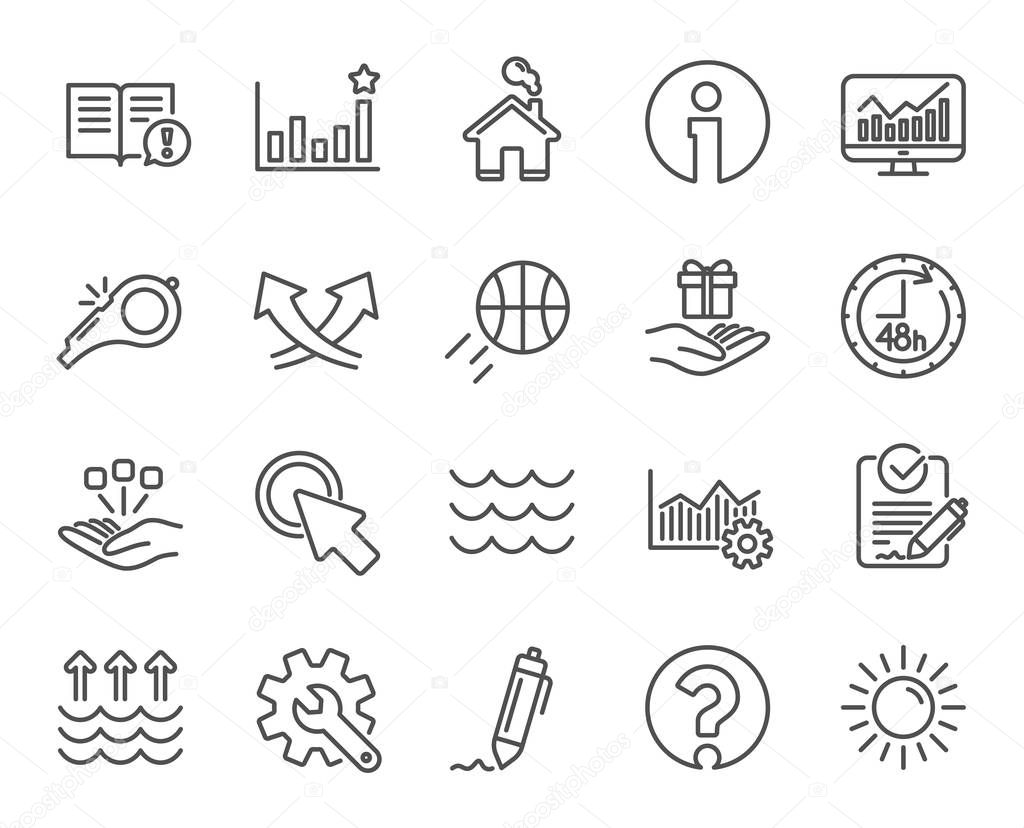 Whistle, Waves and Sun line icons. Customisation, Global warming and Question mark signs. Signature Rfp, Information and Efficacy symbols. Gift box, Consolidation and Operational excellence. Vector