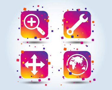 Büyüteç cam ve küre simgeler arama. Tam ekran oklar ve anahtarı anahtar işareti sembolleri onarın. Degrade kare düğmeleri renk. Düz tasarım konsepti. Vektör