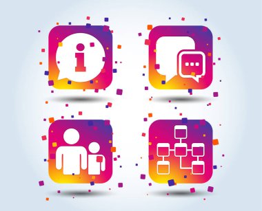 Bilgi işareti. İnsanlar ve veritabanı simgeler grubu. Sohbet konuşma kabarcıklar işareti. İletişim simgeler. Degrade kare düğmeleri renk. Düz tasarım konsepti. Vektör