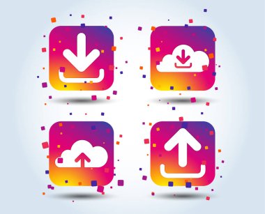 Şimdi simgesini indirin. Bulut semboller yüklemek. Veri uzaktaki depolama birimi işaretleri alırsınız. Degrade kare düğmeleri renk. Düz tasarım konsepti. Vektör