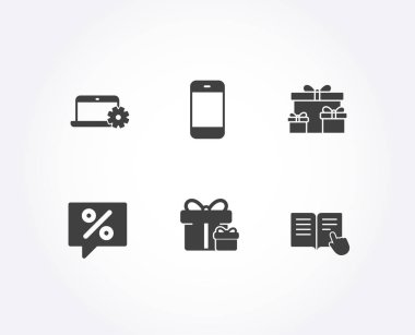 Sürpriz paket, akıllı telefon ve sürpriz kümesi simgeleri kutuları. İndirim mesaj, Notebook Servisi ve okuma öğretim işaretler. Mevcut kutuları, cep telefonu veya telefon, tatil hediyeler. Vektör