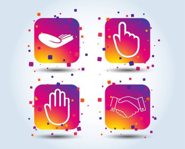 El simgeler. El sıkışma başarılı iş sembolü. Burada basın işaretini tıklatın. İnsan yardım bağış eli. Degrade kare düğmeleri renk. Düz tasarım konsepti. Vektör