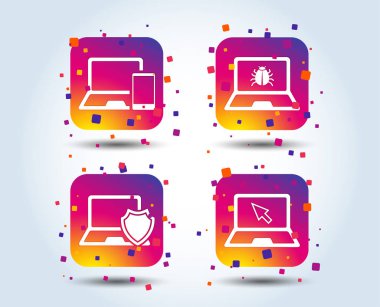 Dizüstü dizüstü pc simgeler. Virüs veya yazılım hata işaretleri. Kalkan koruma sembol. İmleç bir fare. Degrade kare düğmeleri renk. Düz tasarım konsepti. Vektör