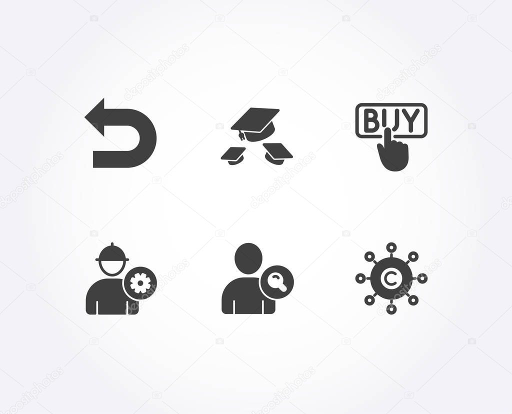 Set of Buying, Find user and Engineer icons. Throw hats, Undo and Copy-writing network signs. E-commerce shopping, Search person, Worker with cogwheel. College graduation, Left turn, Content networking