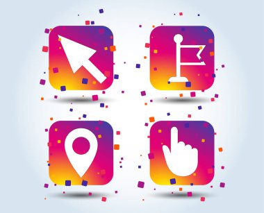 Fare imleci simgesi. El ya da bayrak işaretçi sembol. Konum işaretçisi işaret göster. Degrade kare düğme işaretçi ile renk. Düz tasarım konsepti. Vektör