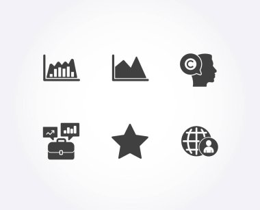 Çizgi grafiği, iş portföy ve Infographic grafik simgeler kümesi. Yazar, Star ve uluslararası işe alım işaretler. Mali grafik, iş görüşmesi, satır diyagramı. Vektör