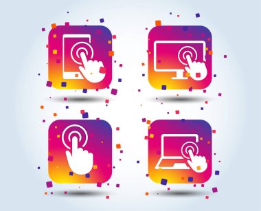 Dokunmatik ekran smartphone simgeler. El işaretçisi sembolleri. Defter ya da Laptop pc işareti. Degrade kare düğmeleri renk. Düz tasarım konsepti. Vektör