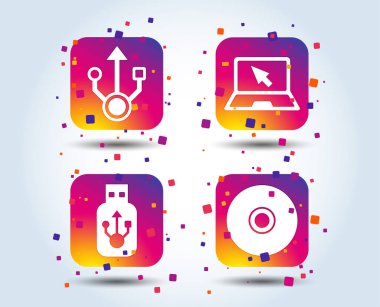 USB birden parlamak götürmek kutsal kişilerin resmi. Defter ya da Laptop pc sembol. CD veya Dvd işareti. CD. Degrade kare düğmeleri renk. Düz tasarım konsepti. Vektör