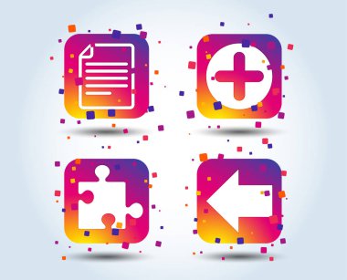 Ayrıca daire eklemek ve bulmaca parça simgeler. Dosya belge ve ok işareti simgelerini geri. Degrade kare düğmeleri renk. Düz tasarım konsepti. Vektör