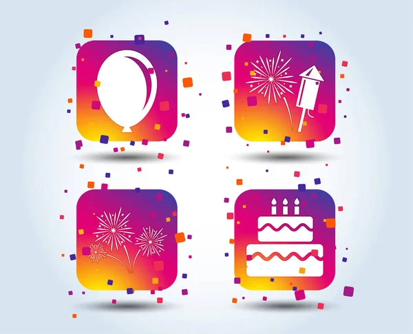 Iconos Fiesta Cumpleaños Carteles Pastel Caja Regalo Globo Aire Símbolo — Vector de stock