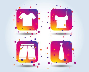 Giysi simgeler. T-shirt ve bermuda şort işaretler. İş kravat sembolü. Degrade kare düğmeleri renk. Düz tasarım konsepti. Vektör