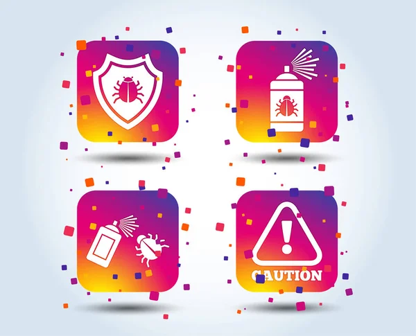 Bug Disinfection Icons Caution Attention Shield Symbols Insect Fumigation Spray — Stock Vector