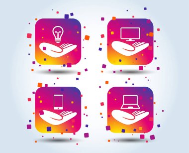 Yardım simgeleri eller. Fikri mülkiyet sigorta sembolü. Akıllı telefon, Tv İzleyicisi ve pc defter işareti. Aygıt koruma. Degrade kare düğmeleri renk. Düz tasarım konsepti. Vektör