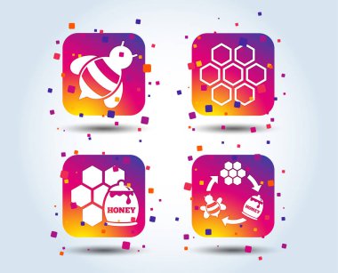 Tatlım simgesi. Arılar simgesi olan petek hücreleri. Tatlı doğal gıda işaretler. Degrade kare düğmeleri renk. Düz tasarım konsepti. Vektör