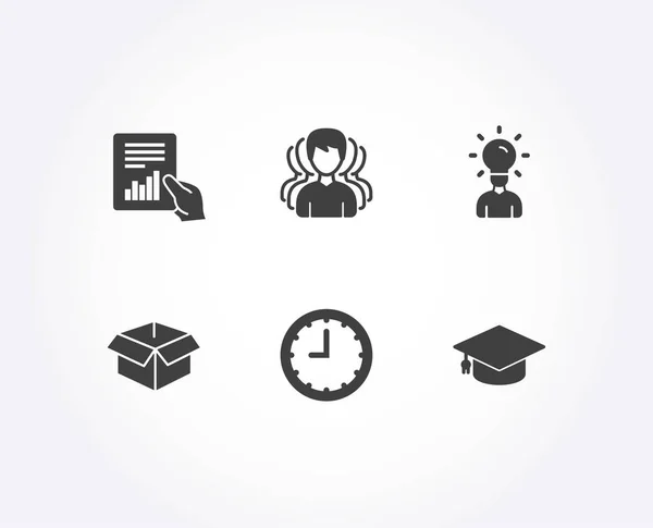 Set of Education, Document and Group icons. Time, Opened box and Graduation cap signs. Human idea, File with diagram, Headhunting service. Office clock, Shipping parcel, University. Vector