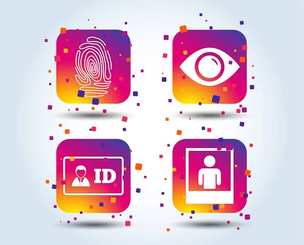 Identity Card Badge Icons Eye Fingerprint Symbols Authentication Signs Photo — Stock Vector