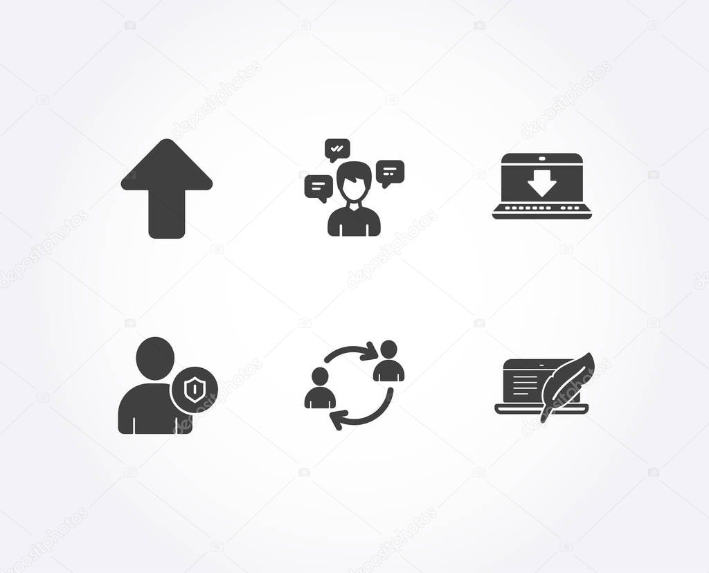 Set of Conversation messages, Internet downloading and User communication icons. Upload, Security and Copyright laptop signs. Communication, Load data, Human resources. Vector