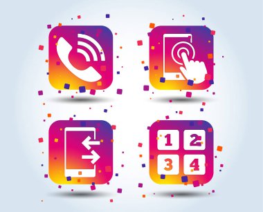 Telefon simgeleri. Dokunmatik ekran smartphone işareti. Çağrı merkezi desteği sembolü. Cep telefonu klavye simgesi. Gelen ve outcoming aramaları. Degrade kare düğmeleri renk. Düz tasarım konsepti. Vektör