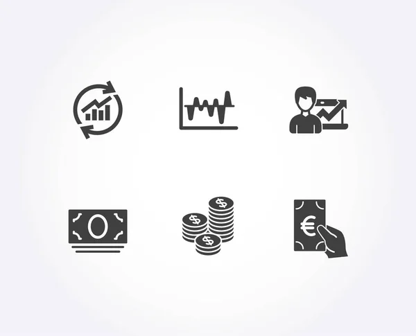 Conjunto Negocio Éxito Actualizar Datos Iconos Análisis Acciones Monedas Dinero — Vector de stock