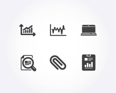 Onay madde, ataş ve grafik simgeler kümesi. Termal analiz, defter ve rapor Belge işaretler. Büyütme cam, Attach ataç, sunu diyagramı. Vektör