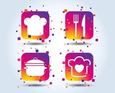 Şef şapka ve pişirme pan renkli gradyan simgeler beyaz arka plan üzerinde kare