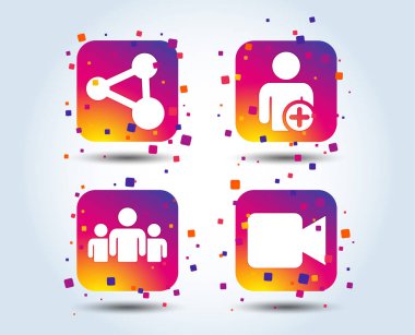 İnsanlar ve paylaşmak renkli gradyan kare simgeler grubunu beyaz arka plan üzerinde