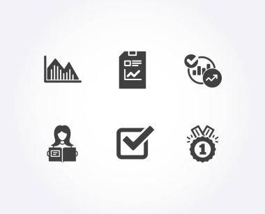 Kadın dizi okumak, onay kutusunu ve istatistik simgeler. Yatırım grafik, rapor belge ve onaylanmış işaretler. Eğitim, kız kene, rapor grafikler onayladı. Yatırım infochart, istatistik dosya. Vektör