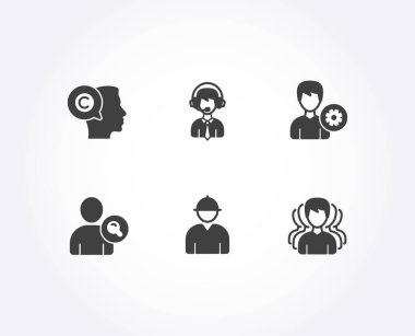 Set of Writer, Support and Shipping support icons. Engineer, Find user and Group signs. Copyrighter, Edit profile, Delivery manager. Worker profile, Search person, Headhunting service. Vector clipart