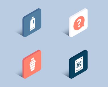 Soru işareti, paket servisi olan restoran ve şampuan simgeler kümesi. SSD işareti. Yardım desteği, paket servisi kahve, banyo temizleyici. Katı hal sürücü. 3D izometrik düğmeleri. Düz tasarım konsepti. Vektör