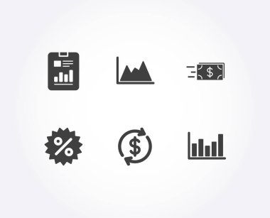 Diyagramı, para transferi ve indirim simgeler kümesi. Rapor belge, Usd Döviz ve sütun grafiği işaretler. Büyüme grafik, nakit teslimat, özel indirim. Grafikler, Döviz Kuru, mali grafik sayfası