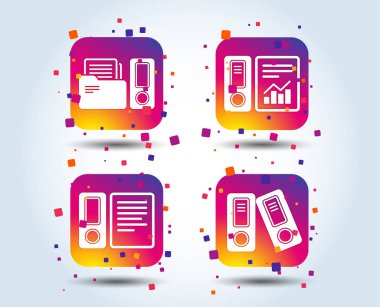 Muhasebe raporu simgeler. Belge depolama klasörleri işareti sembol. Degrade kare düğmeleri renk. Düz tasarım konsepti. Vektör