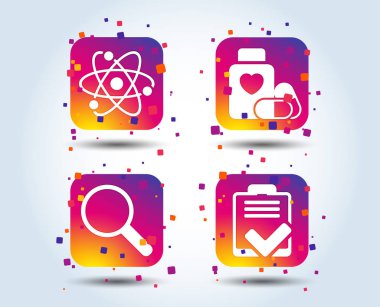 Atom, hap, büyüteç cam, beyaz arka plan üzerinde denetim listesi renkli gradyan kare simgeler