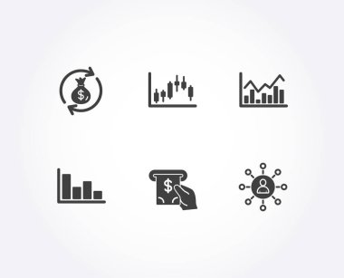 Mum grafik, Döviz ve çubuk grafik simgeler kümesi. Infochart, Atm hizmeti ve ağ işaretler. Ekonomi grafik, çanta, ekonomik trend peşin. Vektör