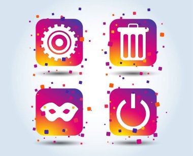 Anonim maskesi ve dişli beyaz arka plan üzerinde renkli gradyan kare simgeler donatımı