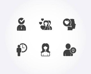 Romantik dizi konuşma, Çift ve boş simgeler. Kadın, bekleyen ve Kullanıcı fikir işaretler. Sohbet, Sevgililer günü, işadamı kavramı seviyorum. Kız bilgileri, hizmet süresi, ampul. Kalite tasarım öğeleri