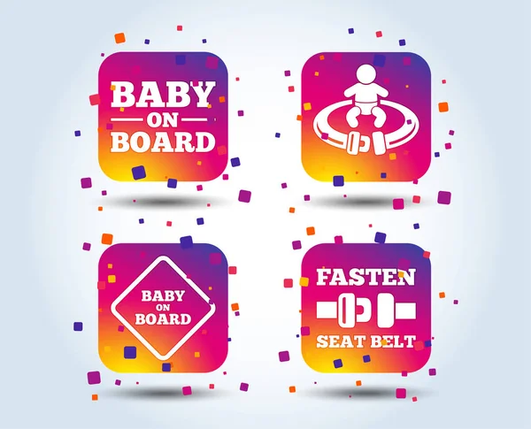 Iconos Bebé Bordo Señales Precaución Infantil Abróchate Cinturón Seguridad Botones — Archivo Imágenes Vectoriales