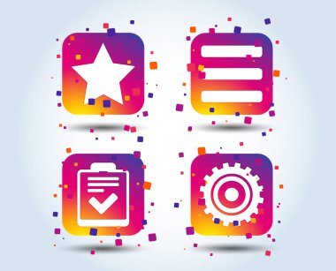 Yıldız favori ve menü simgeleri listelenmektedir. Denetim listesi ve dişli işareti sembolleri dişli. Degrade kare düğmeleri renk. Düz tasarım konsepti. Vektör