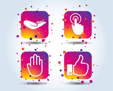 El simgeler. Sembol başparmak gibi. Burada basın işaretini tıklatın. Yardım bağış eli. Degrade kare düğmeleri renk. Düz tasarım konsepti. Vektör