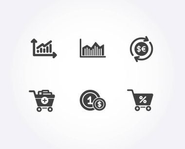 Ekle ürünleri, Usd sikke ve para diyagramı simgeler kümesi. Grafik, para para birimi ve özel işaretler sunuyoruz. Alışveriş sepeti, nakit ödeme, para birimi diyagramı. Nakit değişir, indirimleri. Kalite tasarım öğeleri