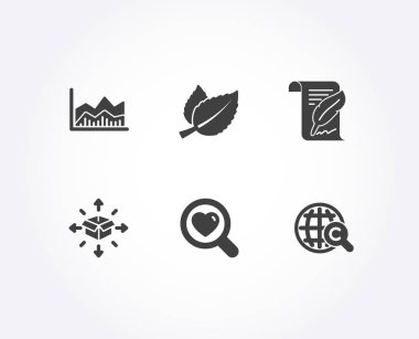 Arama aşk, nane yaprakları ve parsel teslim simgeler kümesi. İnfoc hart, tüy ve uluslararası telif hakkı işaretleri ticaret. Flört servisi, bitkisel, lojistik hizmet. Vektör