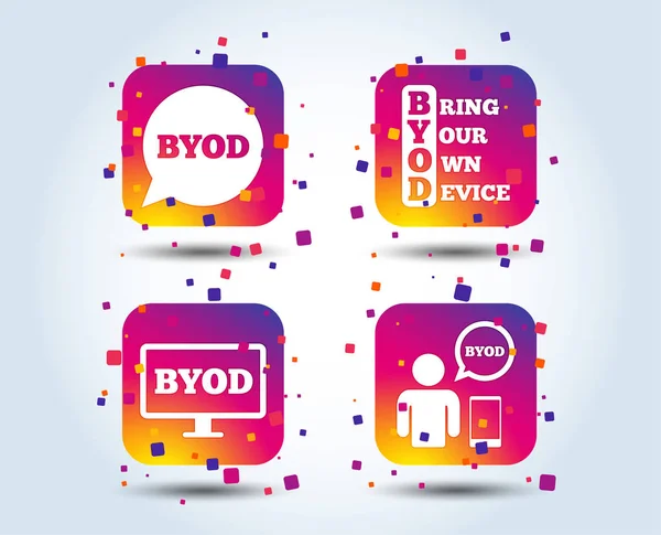 Byod 有笔记本和智能手机标志的人 语音气泡符号 颜色渐变方形按钮 平面设计理念 — 图库矢量图片