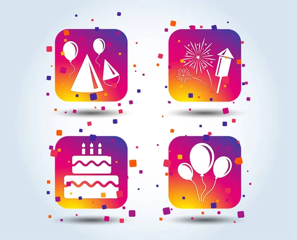 Geburtstagsparty Kuchen Luftballon Hut Und Muffinschilder Feuerwerk Mit Raketensymbol Doppelstock — Stockvektor