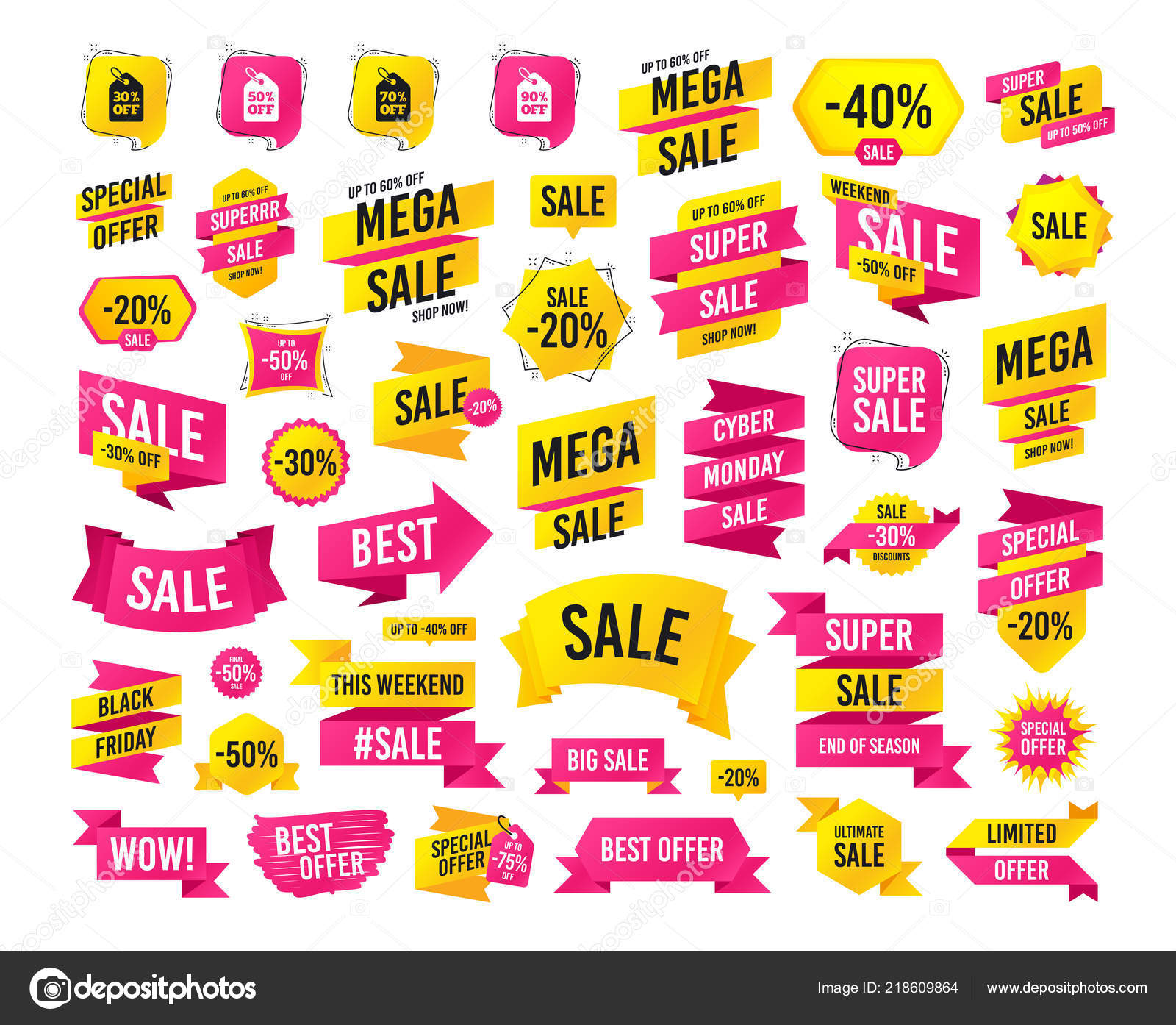 销售横幅超级大折扣销售价格标签图标折扣特价优惠符号和90 的标志黑色星期五网络星期一图库矢量图©Blankstock 218609864
