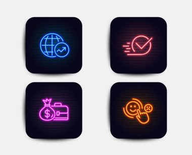 Neon glow ışıkları. Maaş, dünya istatistikleri ve onay kutusunu simgeler kümesi. Müşteri memnuniyeti işareti. Diplomat para ile çanta, Global rapor, onaylandı. Mutlu bir gülümseme. Neon simgeler. Parlayan ışık afiş