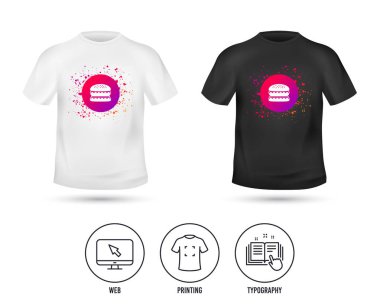 Şablon T-shirt sahte. Hamburger simgesi. Burger yemek sembolü. Çizburger sandviç işareti. Gerçekçi gömlek mockup tasarım. Baskı, tipografi simgesi. Vektör